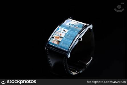 modern technology, mass media, object and media concept - close up of black smart watch with business news on screen