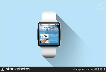 modern technology, mass media, object and media concept - close up of black smart watch with business news on screen over blue background