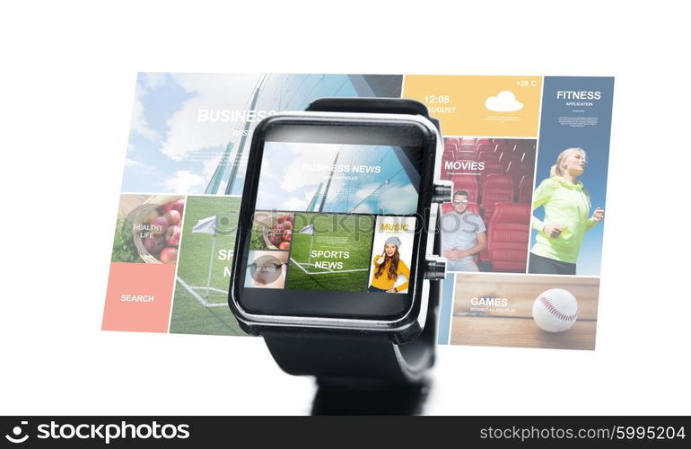 modern technology, mass media object and media concept - close up of black smart watch with virtual screen projection and news application