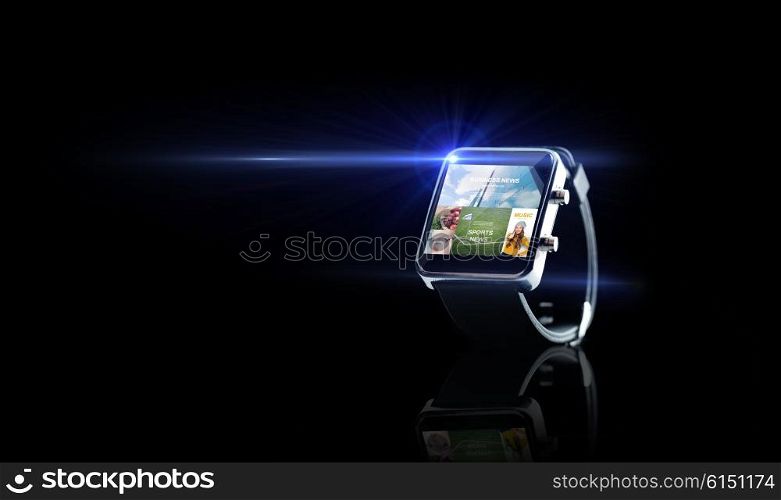 modern technology, mass media, object and media concept - close up of black smart watch with news application on screen