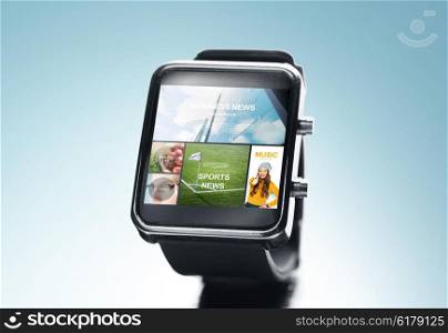 modern technology, mass media, object and media concept - close up of black smart watch with news application on screen over blue background