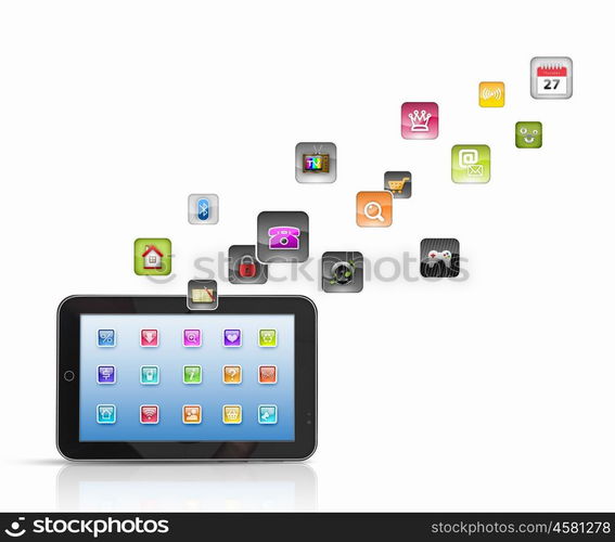 modern technology media. Media technology illustration with mobile phone and icons