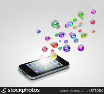 modern technology media. Media technology illustration with mobile phone and icons