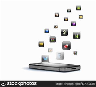 modern technology media. Media technology illustration with mobile phone and icons