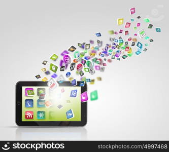 modern technology media. Media technology illustration with mobile phone and icons