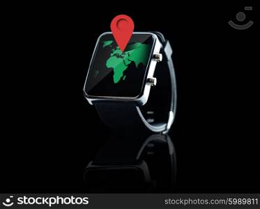 modern technology, navigation, location and transmission object and media concept - close up of black smart watch with world map and gps marker on screen