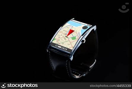 modern technology, navigation, location, object and media concept - close up of black smart watch with gps navigator map on screen
