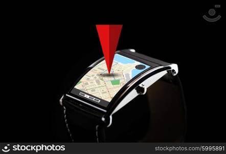 modern technology, navigation, location, object and media concept - close up of black smart watch with gps navigator
