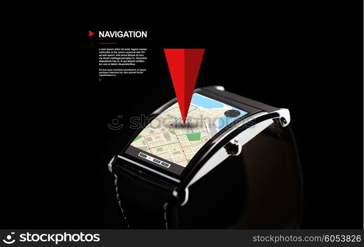 modern technology, navigation, location, object and media concept - close up of black smart watch with gps navigator