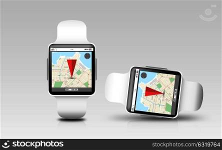 modern technology, navigation, location, object and responsive design concept - smart watches with gps navigator map on screen over gray background. smart watches with gps navigator map on screen