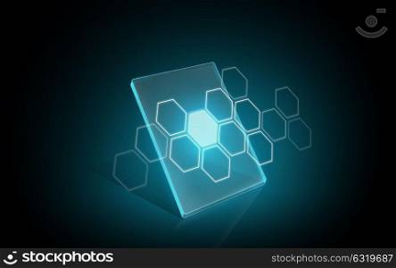 modern technology, network and futuristic concept - blank illuminating virtual tablet or digital screen with hexagonal pattern. virtual tablet or digital screen with hexagon