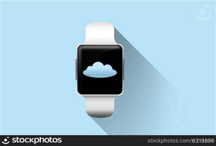 modern technology, object and computing concept - close up of smart watch with cloud icon on screen over blue background. close up of smart watch with cloud icon on screen