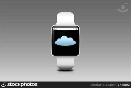 modern technology, object and computing concept - illustration of smart watch with cloud icon on screen over gray background