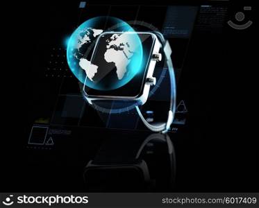 modern technology, object and mass media concept - close up of black smart watch with earth globe projection on screen