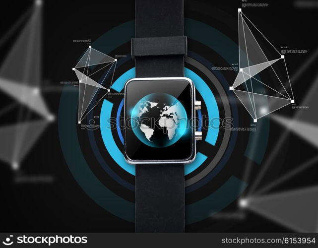 modern technology, object and mass media concept - close up of black smart watch with world globe on screen