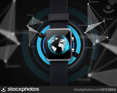 modern technology, object and mass media concept - close up of black smart watch with world globe on screen