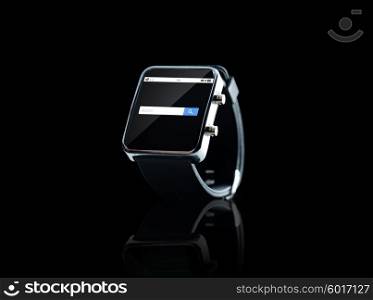 modern technology, object and media concept - close up of black smart watch with internet search bar