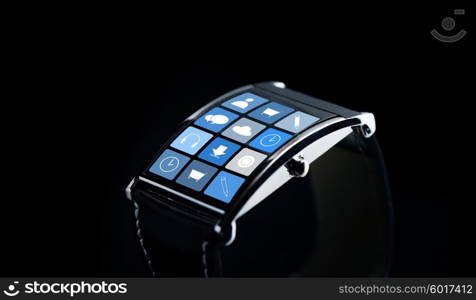 modern technology, object and media concept - close up of black smart watch with application icons on screen