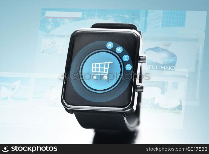 modern technology, object and media concept - close up of black smart watch with shopping cart on screen over blue background