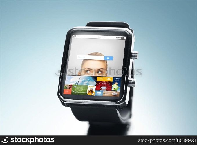 modern technology, object and media concept - close up of black smart watch with internet search bar
