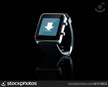 modern technology, object and media concept - close up of black smart watch with download icon on screen