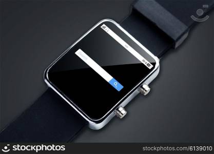 modern technology, object and media concept - close up of black smart watch internet browser search bar on screen