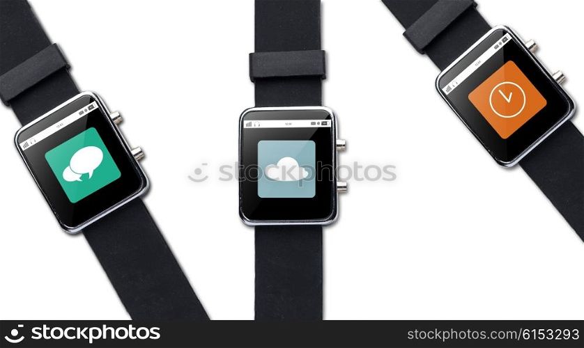 modern technology, object and media concept - close up of black smart watch with application icons on screen