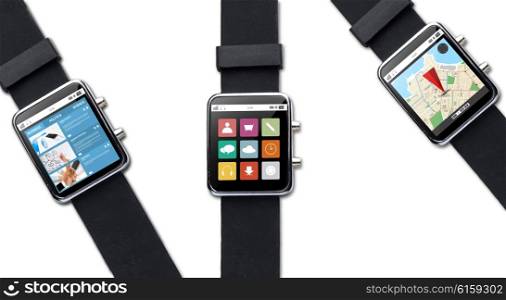modern technology, object and media concept - close up of black smart watch with applications on screen