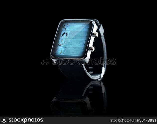 modern technology, object and media concept - close up of black smart watch with web page on screen
