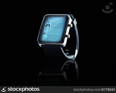 modern technology, object and media concept - close up of black smart watch with web page on screen