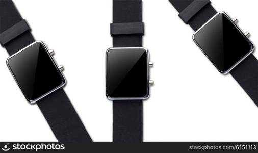 modern technology, object and media concept - close up of black smart watch