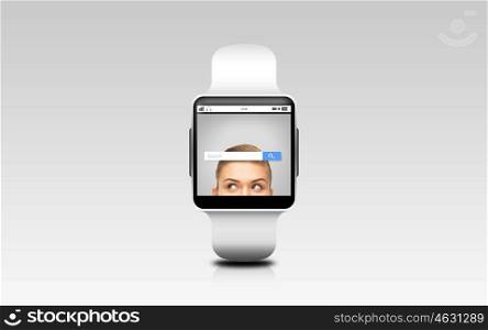 modern technology, object and media concept - close up of smart watch with internet browser search bar on screen over gray background
