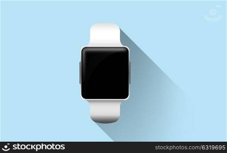 modern technology, object and media concept - close up of smart watch with black blank screen over blue background. close up of smart watch with black blank screen
