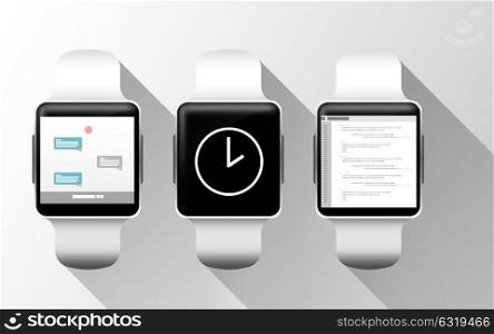 modern technology, object and media concept - close up of smart watches with applications on screen over gray background. close up of smart watches with applications