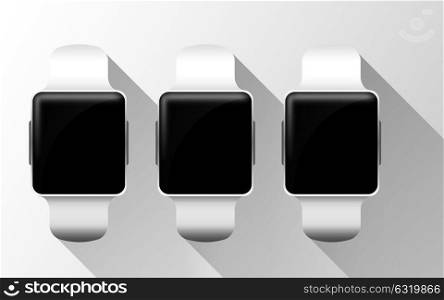 modern technology, object and media concept - close up of smart watches with black blank screen over gray background. close up of smart watches with black blank screens