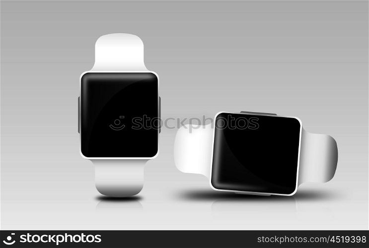 modern technology, object and media concept - smart watches with black blank screen over gray background