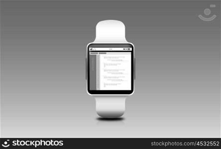 modern technology, object and programming concept - illustration of smart watch with coding on screen over gray background