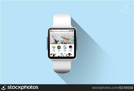 modern technology, object and shopping online concept - close up of smart watch with internet shop web page screen over blue background. close up of smart watch with online shop on screen