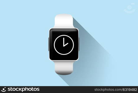 modern technology, object and time concept - close up of smart watch with clock icon on screen over blue background. close up of smart watch with clock icon on screen