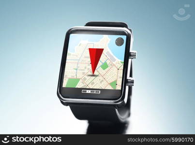 modern technology, object, application and navigation concept - close up of black smart watch with gps and road map on screen over blue background