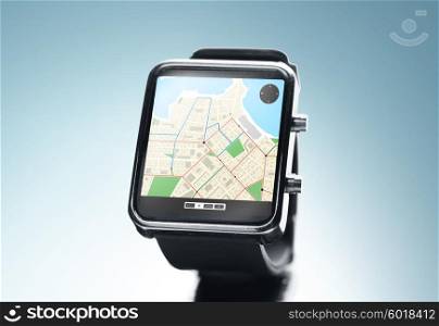 modern technology, object, application and navigation concept - close up of black smart watch with gps and road map on screen over blue background