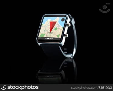 modern technology, object, application and navigation concept - close up of black smart watch with gps and road map on screen over black background