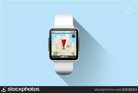 modern technology, object, application and navigation concept - close up of black smart watch with gps and road map on screen over blue background. close up of smart watch with gps navigation app
