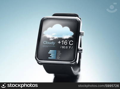modern technology, object, application, weather and forecast concept - close up of black smart watch with cloud icon and air temperature over blue background