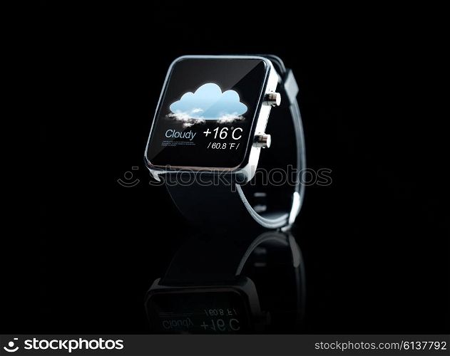 modern technology, object, application, weather and forecast concept - close up of black smart watch with cloud icon and air temperature over black background