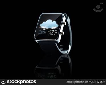 modern technology, object, application, weather and forecast concept - close up of black smart watch with cloud icon and air temperature over black background