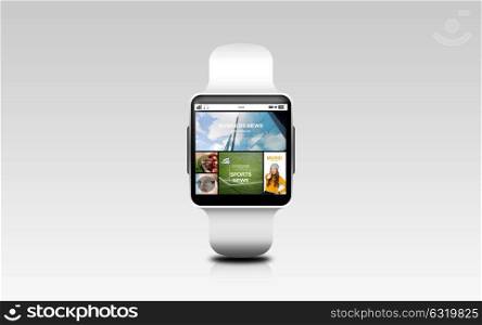 modern technology, object, internet and media concept - close up of smart watch with news web page on screen over gray background. close up of smart watch with internet web news