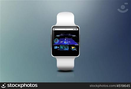 modern technology, object, location and navigation concept - illustration of smart watch with gps navigator map on screen over gray background