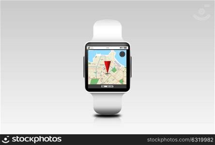 modern technology, object, location and navigation concept - illustration of smart watch with gps navigator map on screen over gray background. illustration of smart watch with gps navigator map