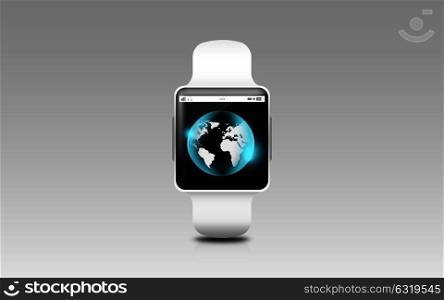 modern technology, object, network and communication concept - illustration of smart watch with earth globe on screen over gray background. illustration of smart watch with earth globe on screen